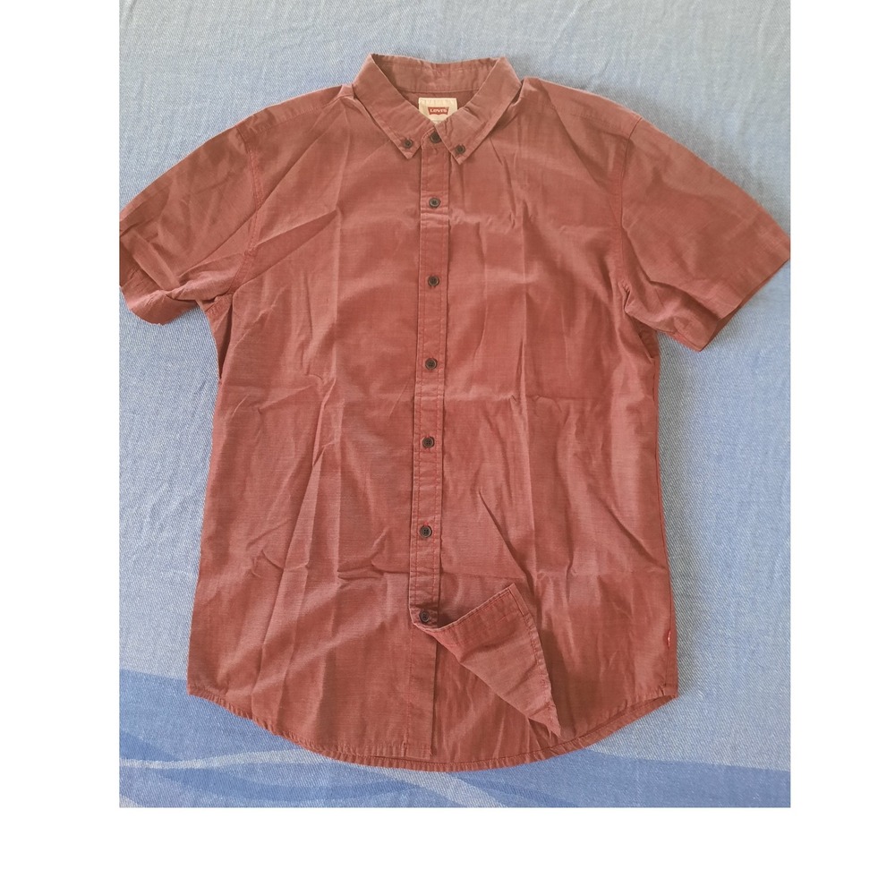 Levis Mens Medium Short Sleeve Button Utility Shirt Red Textured Cotton Blend